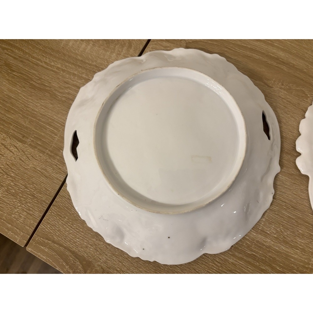 Pair Antique Victorian Hand Painted Porcelain Handled Cake Server Plates Floral - Picture 9 of 16
